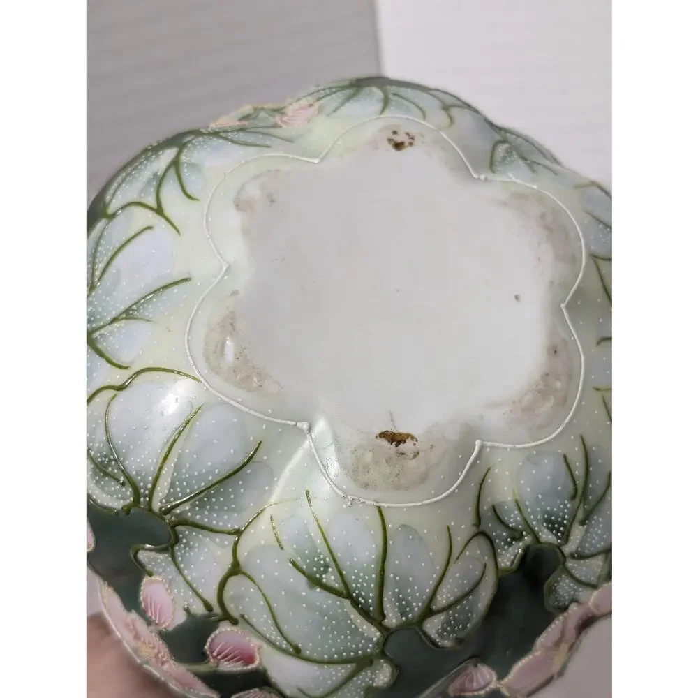 Antique Nippon Moriage Lobed Porcelain Vase Lotus Leaf Floral
